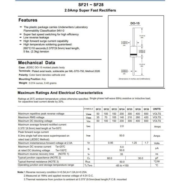 Super Fast Recovery Rectifier Diode 2A SF21 Thru SF28 Do-15 Package