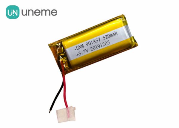 Quality Rectangle 520mmAh Custom Li Ion Battery , 901837 1S1P 3.7V Wearing Device Lithium Ion Polymer Battery Pack for sale