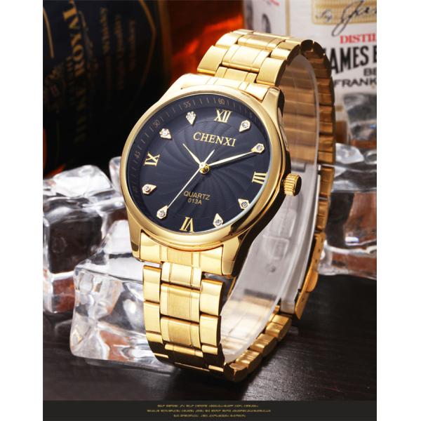 013 High Quality Stainless Steel Band Watch Imitation Diamond Black White Full Gold Watch