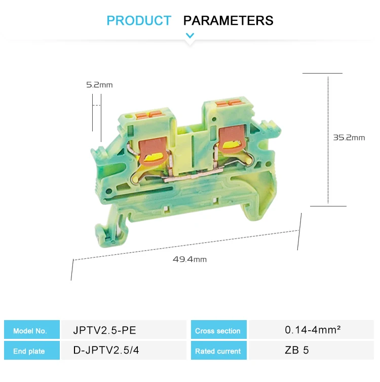 PTV 2.5-PE Ground Modular DIN Rail Terminal Block Side-Entry Push-in Wiring Connector Electrical 2.5mm
