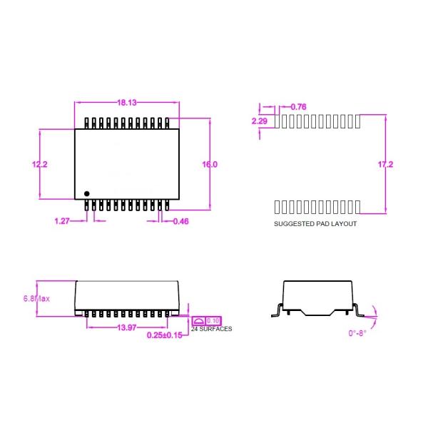 24 Pins SMD/SMT Ethernet Lan Transformer Open Frame H2428CG For PCB Board