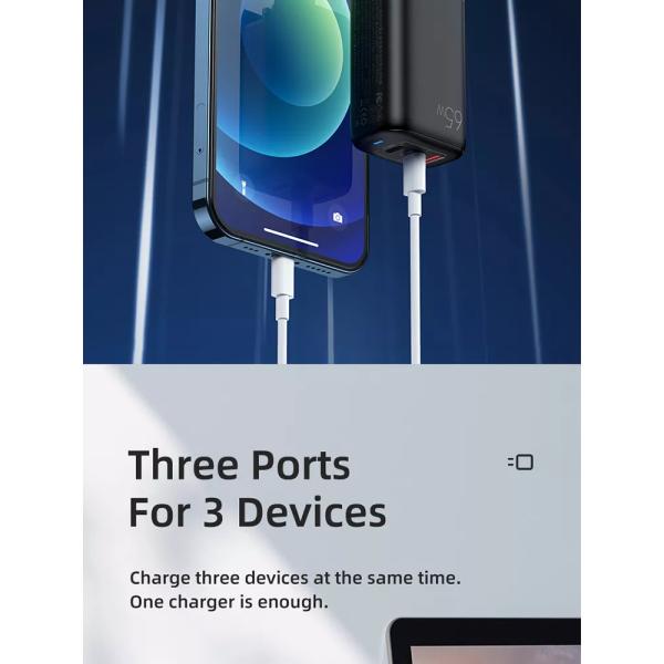 65W GaN 3 Ports USB Type-c Travel Adapter for High Speed Charging of Multiple Devices