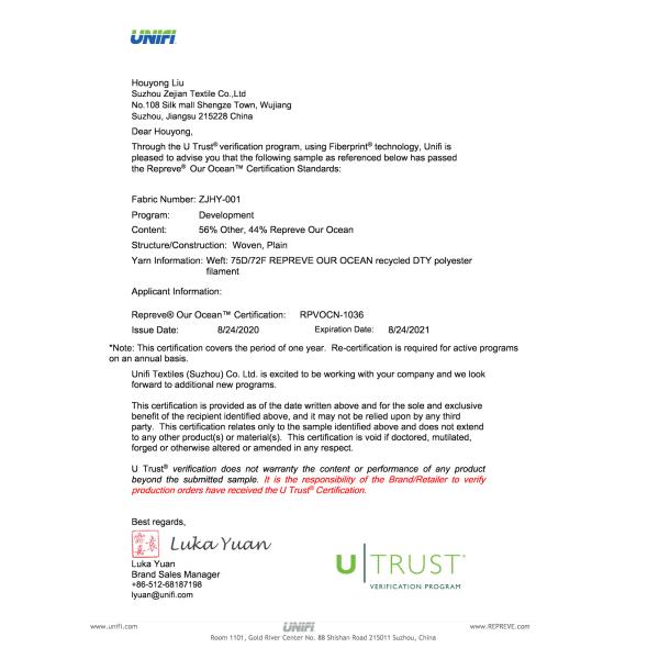 unifi yarn tag GRS certification RECYCLED ELASTIC stretch 75D 100% eco friendly woven recycled fabric