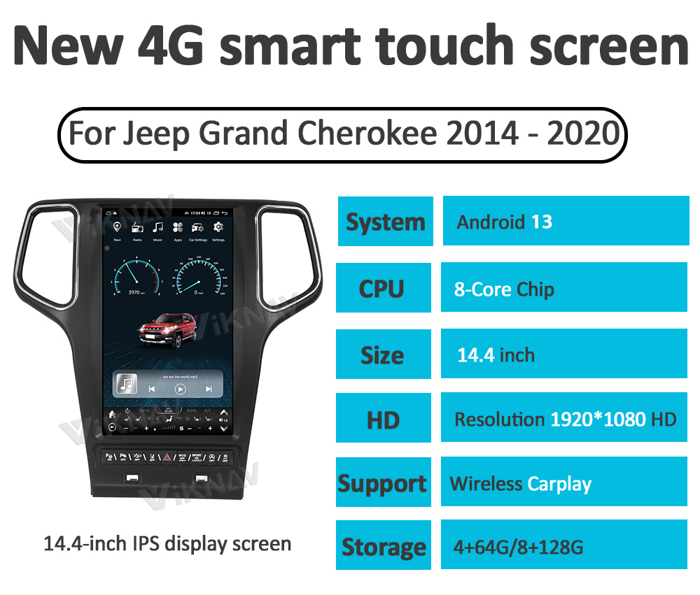 Viknav Car Radio For Jeep Grand Cherokee (2014-2019) 14.4 inch Android 13 Auto Stereo GPS Navigation Wireless Carplay