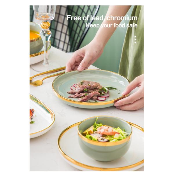 Nordic Luxury Style Ceramic Tableware Set Emerald Green With Gold Rim