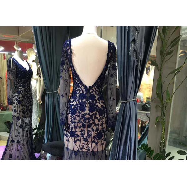 Navy Blue Long Sleeve Lace Mermaid Prom Dress V Neck Backless See Through Style