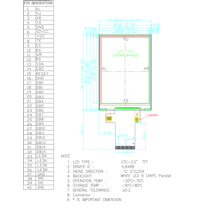 3.5 Inch 320x480 Display TFT LCD Display Screen Spi Lcd Interface MCU 8080 8BIT