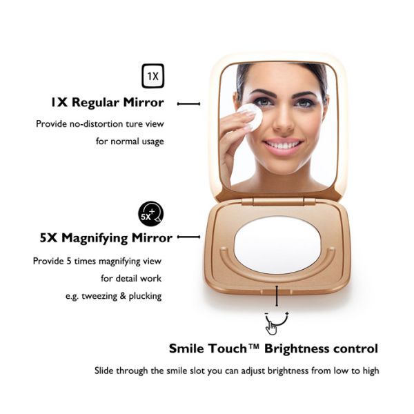 1X / 5X Magnification LED Cosmetic Mirror , Folding Compact Mirror With Touch Brightness Control