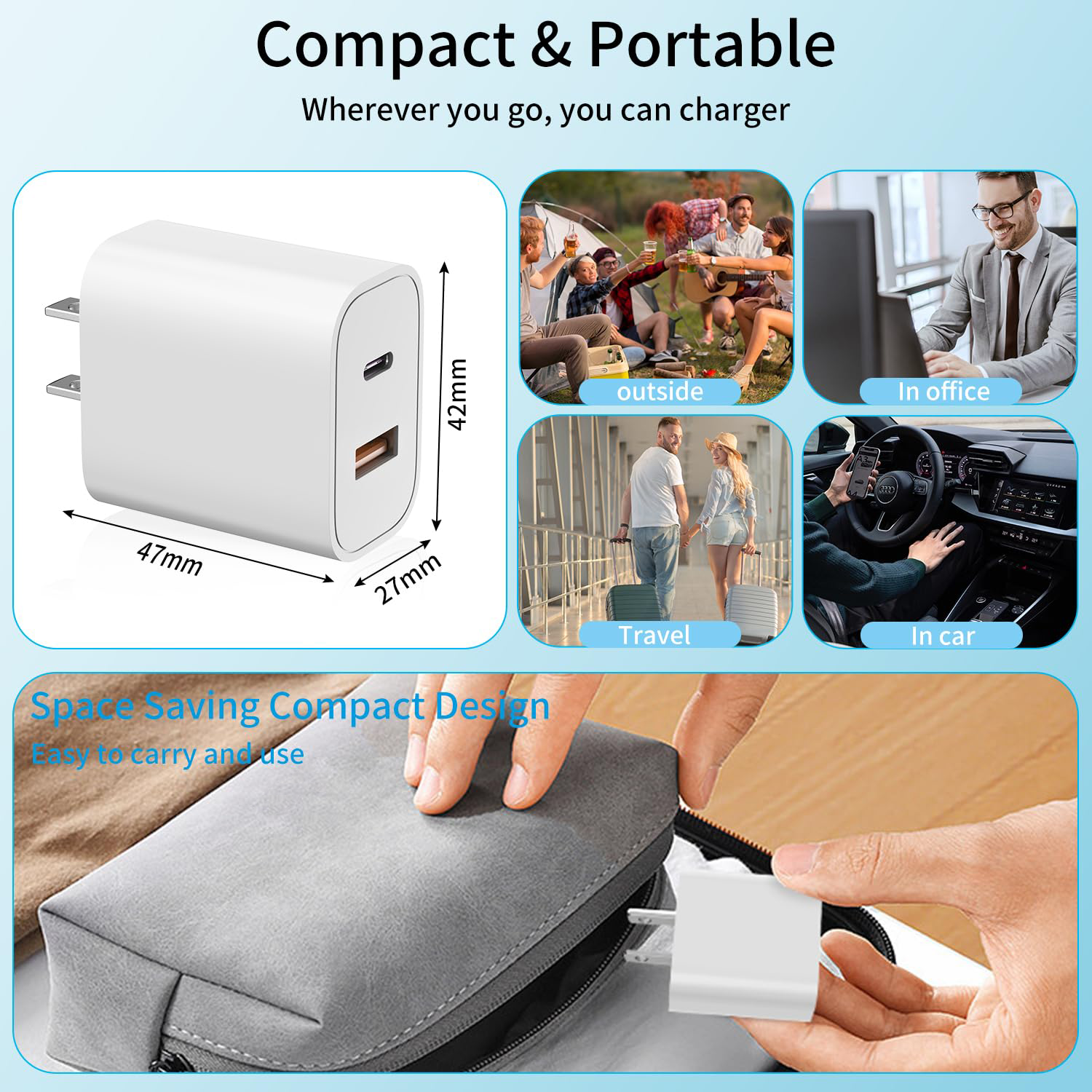 20W Dual Port QC PD 3.0 Power USB C Wall Charger for iPhone 14/13/12/Pro/Pro Max/XS/X/SE