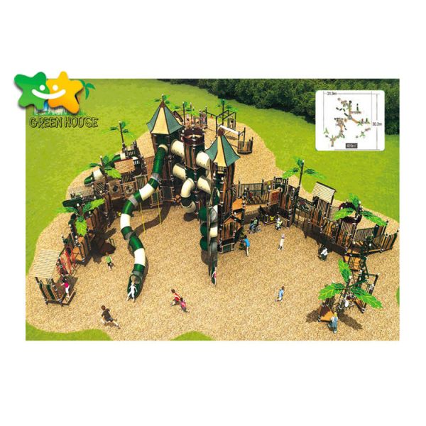 Kindergarten Wooden Playground Slide 1250*1350*520 Cm With Climbing Bridge