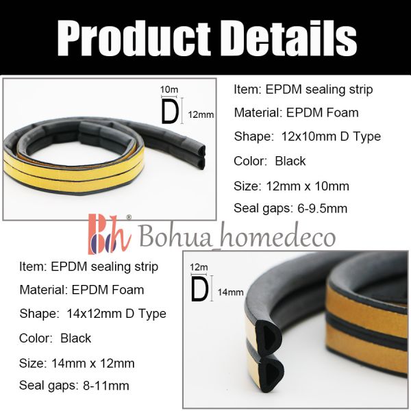 Big D Shape EPDM Rubber Seals Self Adhesive Anti Collision 14*12mm