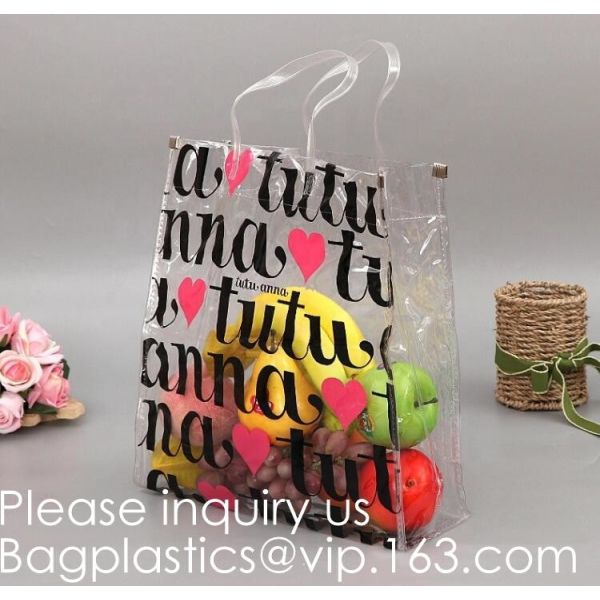 Reusable Custom Transparent PVC Shopping Bag Promotional Items Ladies Clear Plastic Beach Tote Bags Women, bagease, pack