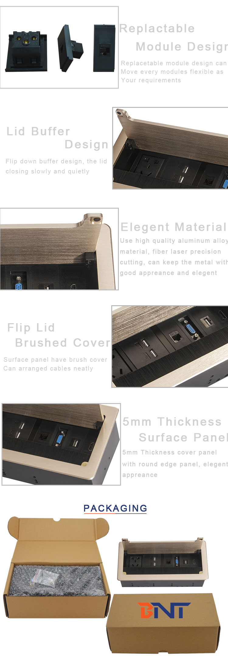 Conference table flip open brush socket with power data connectors