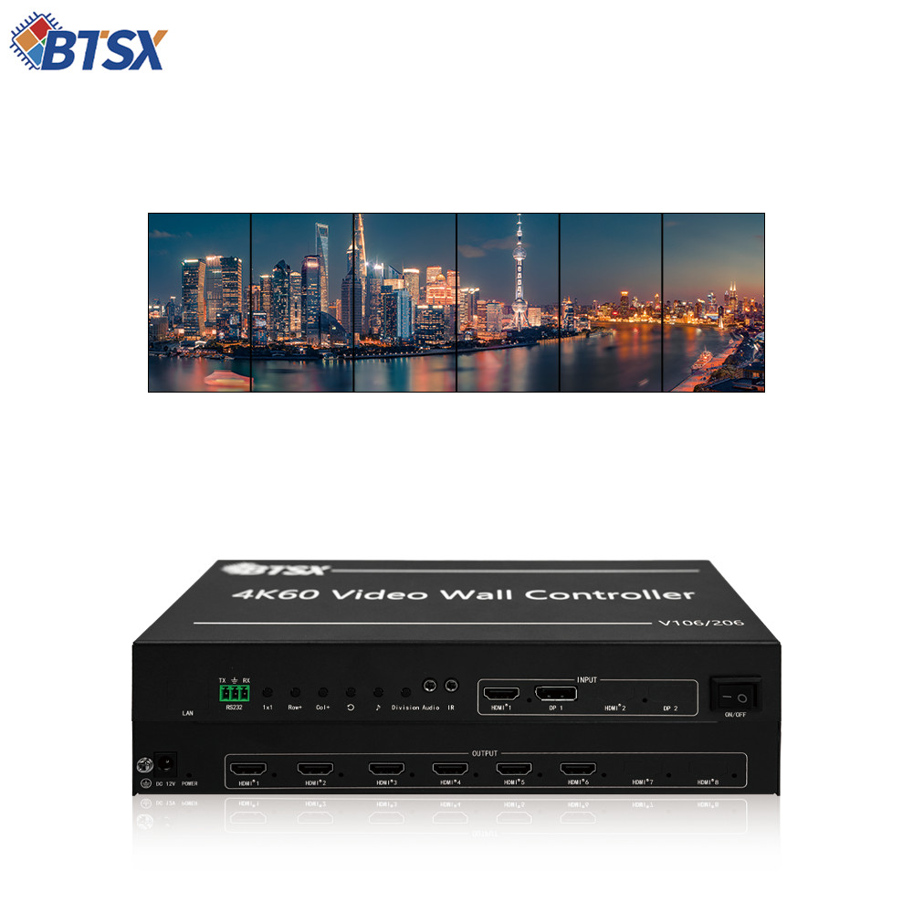 The BIT-VWC-106 is a professional 6-screen video wall processor supporting 3840x2400@60Hz and 5760x2160@30Hz, ideal for command centers, digital signage, and exhibitions.