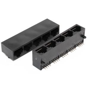 Black Housing RJ45 Multiple Port Connectors Unshielded R / A Thru - Hole