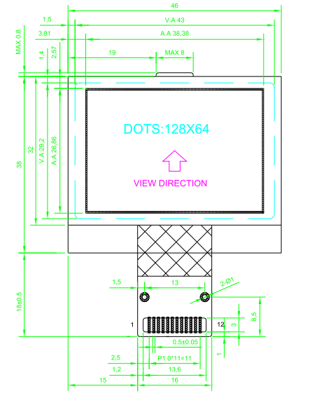 128x64 Wearable Lcd Screen / COG +FPC + PCB Mono Lcd Display 12864
