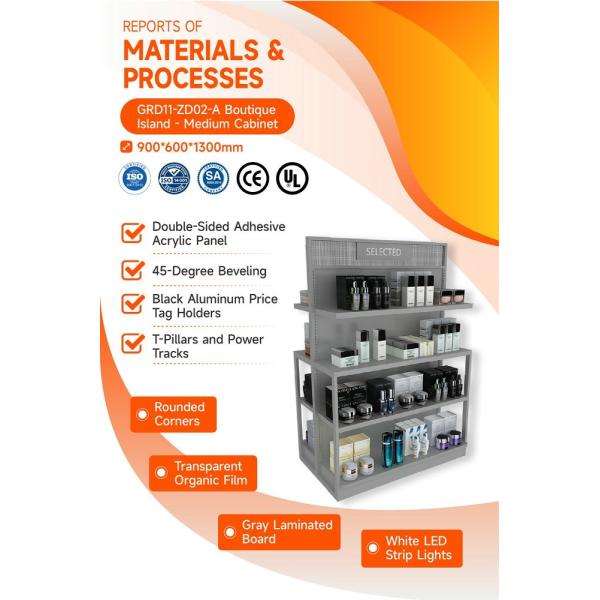 GDR11-ZD02-A Cosmetics Retail Display with LED Light Strips and T-Pillars and Power Tracks for Retail Stores