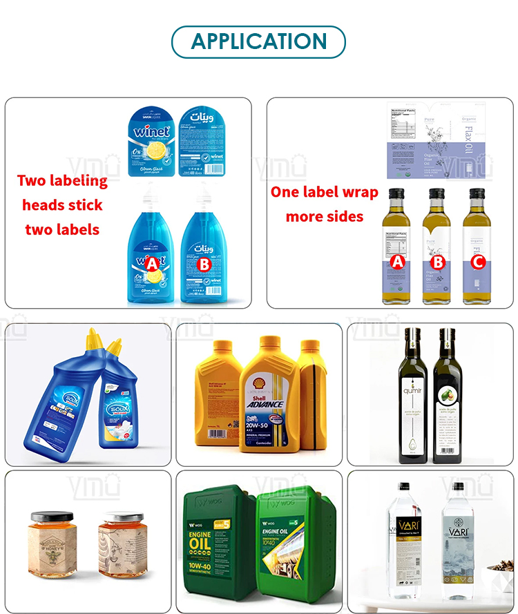 YM620 Automatic Square Bottles Label Applicator Jerry Can F-Styel Jugs Two Heads Labeling Machine