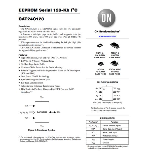CAT24C128WI-GT3 EEPROM Memory IC 128Kbit I²C 1 MHz 400 ns 8-SOIC