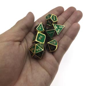 China Custom Metal Dice Set Finish Size 16mm-22mm Gaming Dice Set 7 Piece Polyhedral Gilt Green on sale