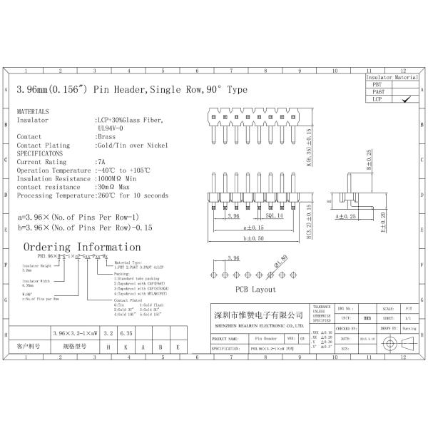 Brass LCP Pin Header Connector SGS LCP Au 3μ" Pin Header 1*3P H3.2