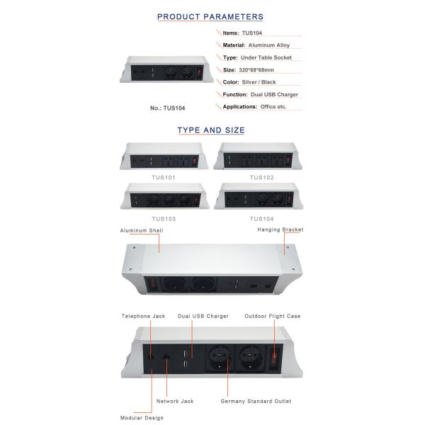 Office Aluminum Under Table Interconnect Electrical Socket / Electric Under Desk Mounted Socket