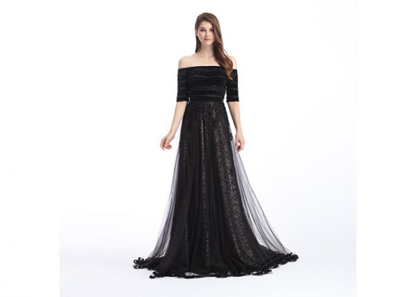 Quality Crystal Beaded Black Evening Dresses , Women Elegant Off Shoulder Evening Dress for sale