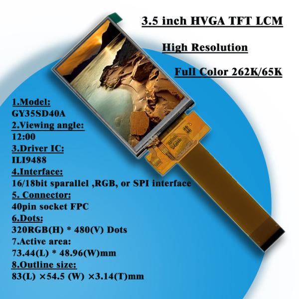 Module Size 54.48x84.71x3.2 mm 3.5 inch TFT LCD Touch Screen with ST7796 Drive IC and 40 Pin Parallel/SPI Interface