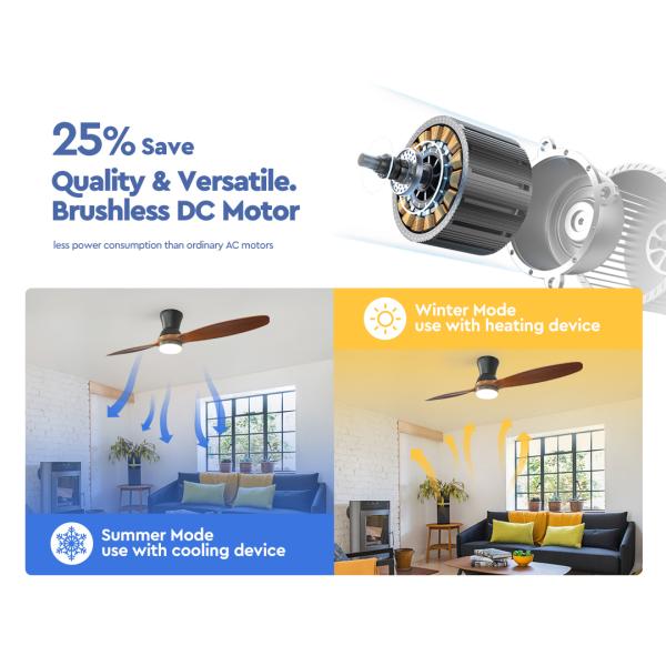 DC Motor 56 Inch Solid Wood Ceiling Fan Decorative Remote Control