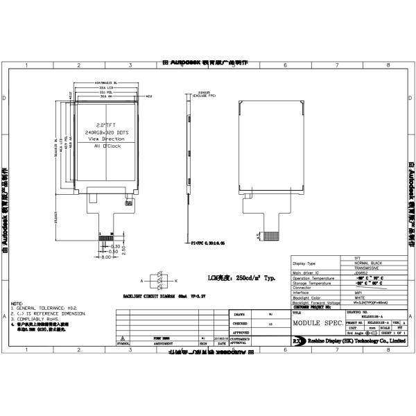 Transmissive 250 Nits MIPI LCD Panel , Anti Glare 240x320 Active Matrix LCD Display