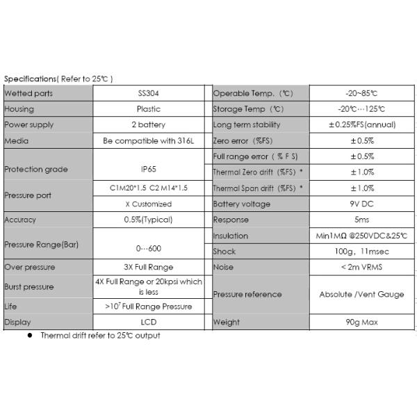 PM-3000 0-16Bar and 25 Bar digital pressure gauge with battery powered
