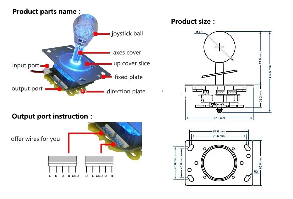 Plastic Shell Colorful Arcade Fish Game Joystick With Microswitch
