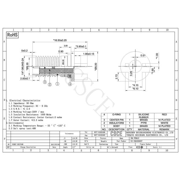 Vertical SMA Female Connector , 180 Degree SMA Antenna Connector With O-Ring