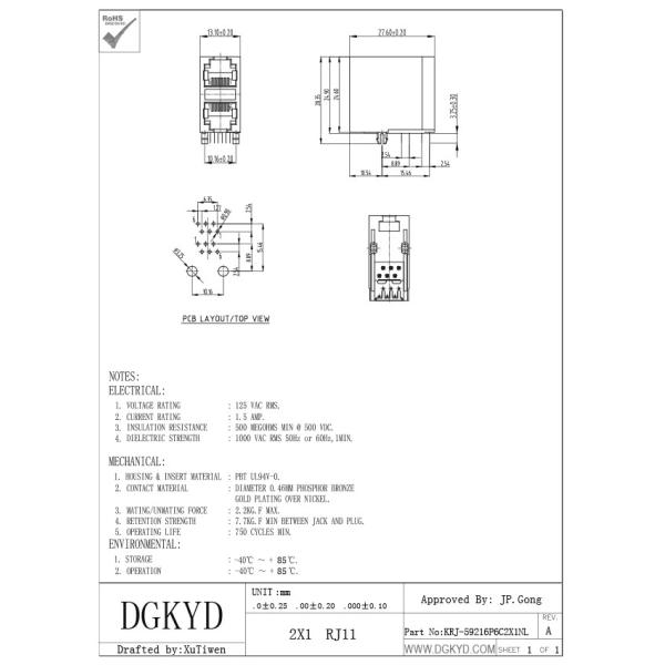 Customized PBT Black 2x1 Dual Deck 2 Port 6p6c Rj12 Phone Jack