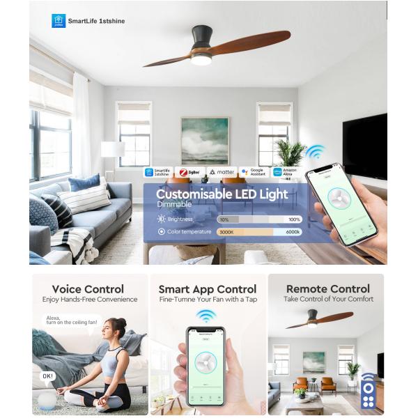 DC Motor 56 Inch Solid Wood Ceiling Fan Decorative Remote Control