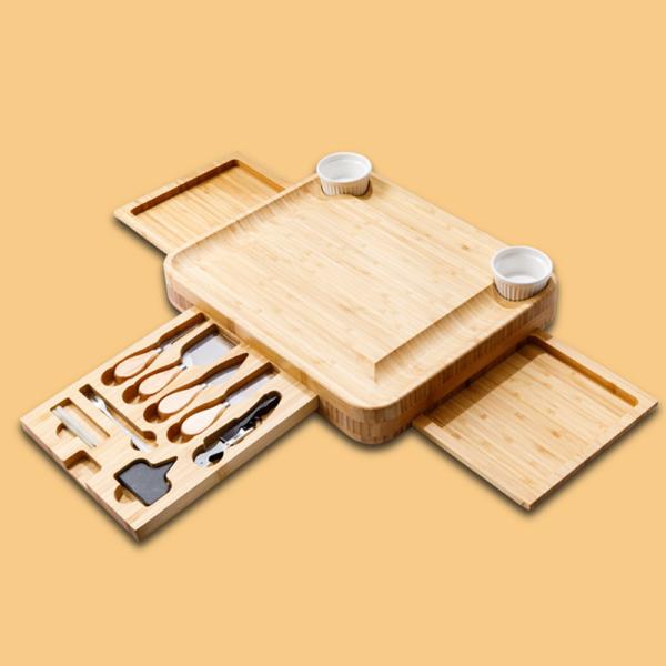 Eco Friendly Bamboo Charcuterie Boards Wood Cutting Blocks With Cutlery Set