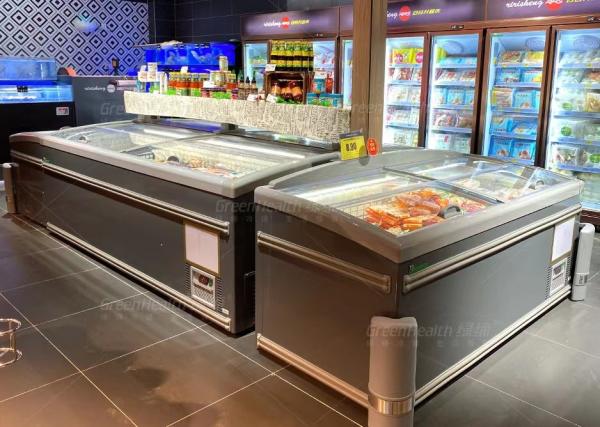 Quality 1000L Commercial Curved Glass Top Island Display Freezer For Supermarket for sale