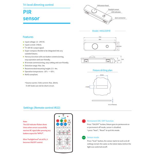 HNS135PIR Flash mounting 12V DC input 0-10v PIR dimmable motion sensor