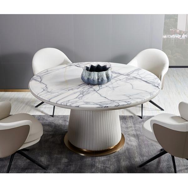 Household White Marble Round Dining Table With Turntable Stainless Steel