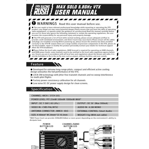 RUSHFPV MAX SOLO Video 2.5w VTX Transmitter High-power CNC Housing Inner Fan FPV Fixed-wing Long-distance Drones RC Drone