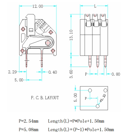 Screwless Terminal | Pitch: 2.54mm ,5.08mm | Part No.601-3-2.54/5.08