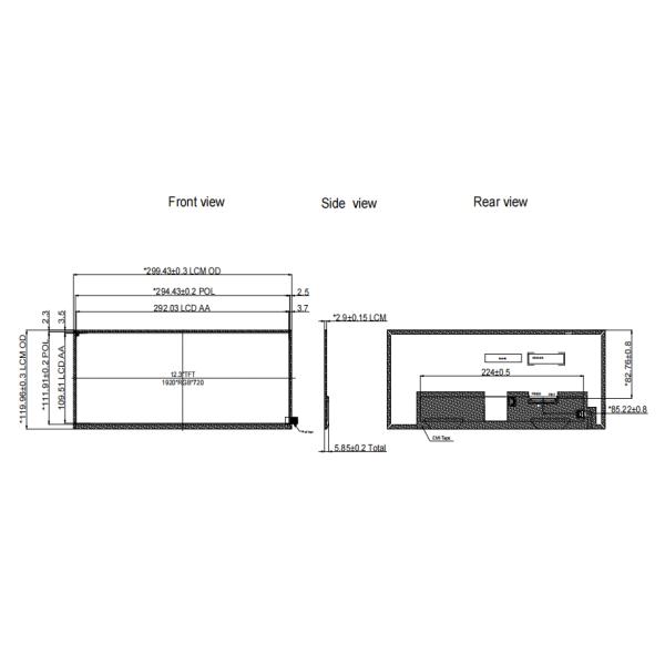 400 Nits Automotive TFT LCD Module 12.3 Inch 1920 X 720 With LVDS Interface
