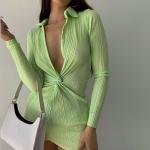 China Green Sexy Long Sleeve Mini Dress High Waist V Neck for sale