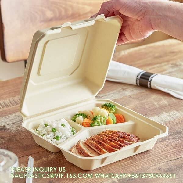 100% Compostable 3 Comp Take Out Food Containers Containers, Natural Disposable Bagasse, Eco-Friendly Biodegrad