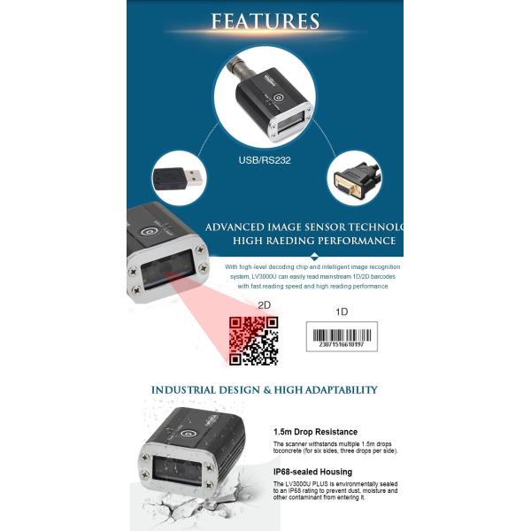 Industrial 1D 2D Fixed Mount Bar Code Scanner , Barcode Reader Module 1.75W