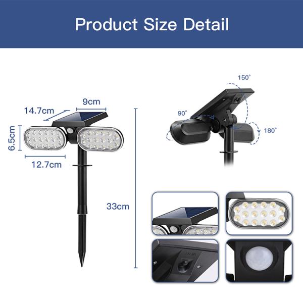 IP65 Waterproof LED Garden Light Outdoor Double Heads Foldable Motion Sensor Solar Light