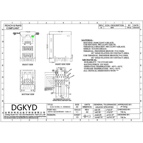 UL94V 0 USB3.0 2 Port RJ45 Network Socket Connector dual ethernet jack