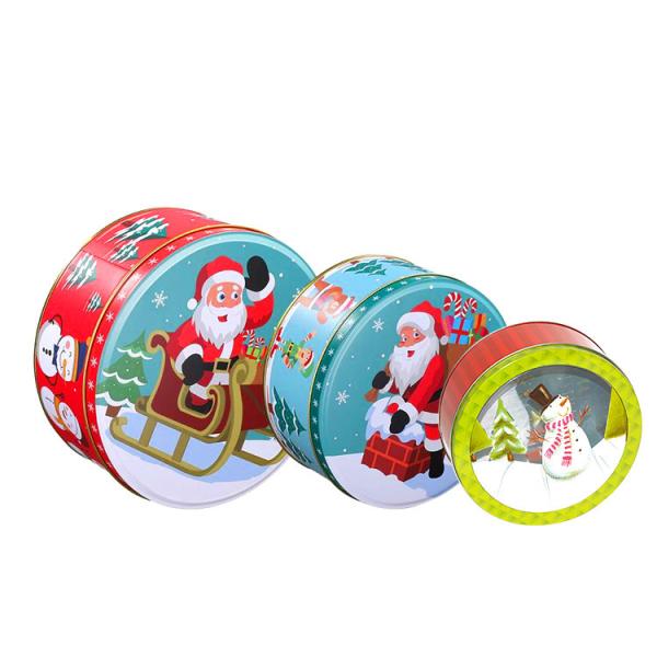 Round Tin Cans Holiday Tin Box Sets Christmas Gift Metal Tins with Lids Printed Tin Cookie Jar