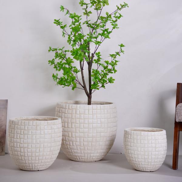 Versatility Checkered Design Neutral Beige Round Fiber Clay Planter