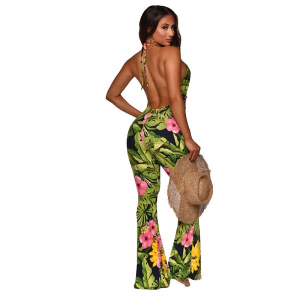 Printed One Piece Deep V Jumpsuits Bandage Flare Backless Jumpsuit